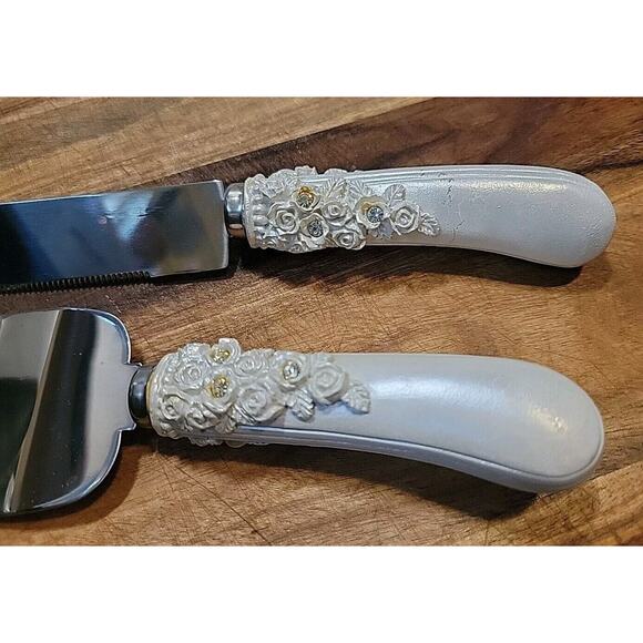 Vintage Stainless Steel Wedding Cake Server and Knife Set Rose Rhinestone - Picture 3 of 7